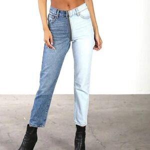Revice Denim Two‎ Tone Split Zipper Fly Cropped Street Grunge Mom Jeans Size 28